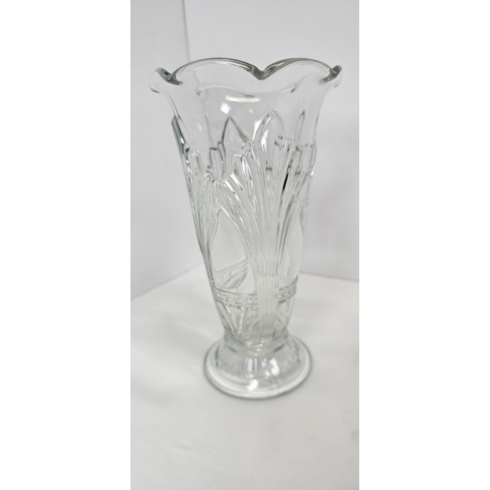 Vintage Art Deco Pressed Glass Vase Clear Scalloped‎ Rim Floral Pattern Footed
